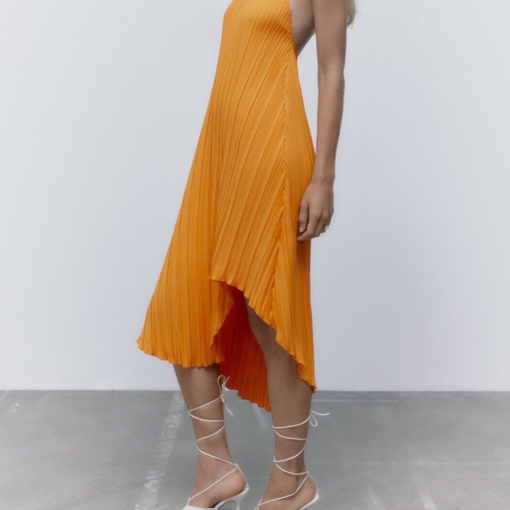 ZARA PLEATED HALTER DRESS TANGERINE , SIZE M - Picture 4 of 4